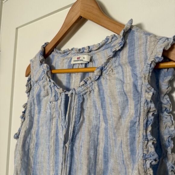 Vineyard Vines Top Tunic Sz XL Blue Linen Stripe Sleeveless Tassel Tie Beach - Picture 3 of 10